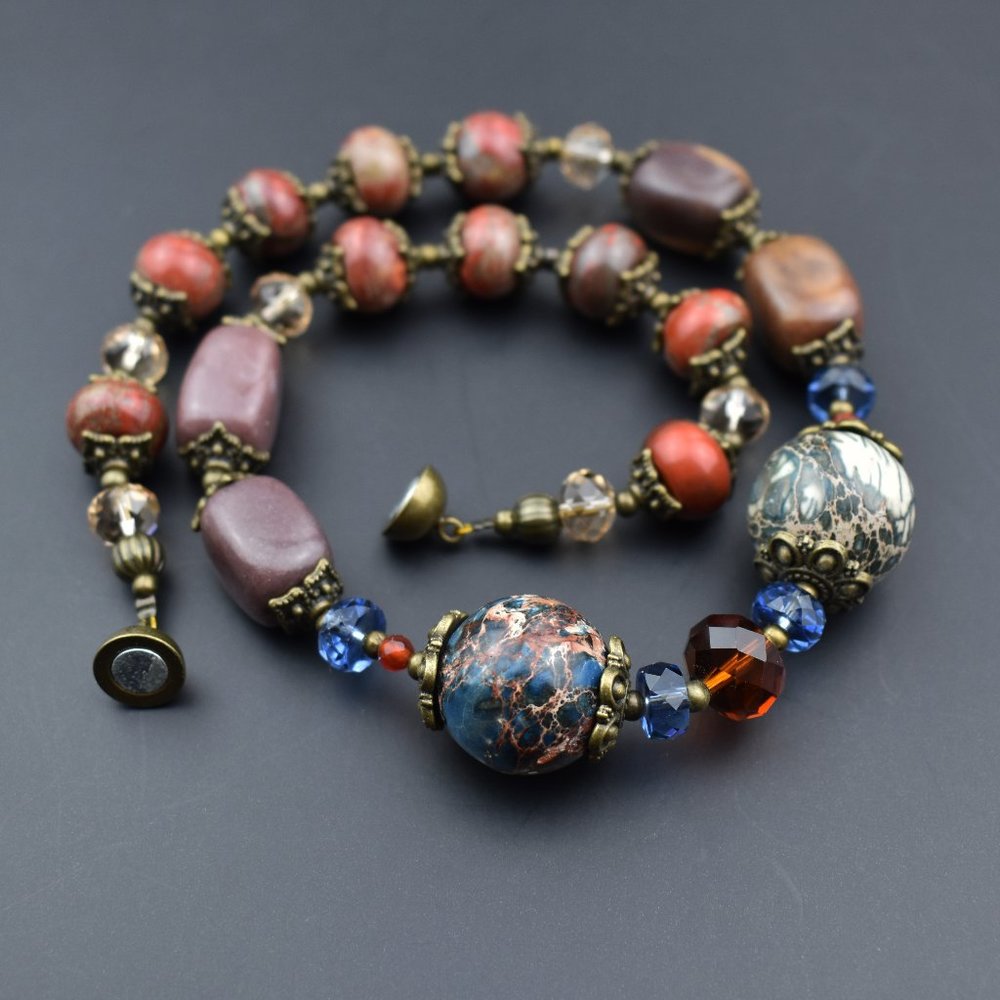 Short chunky boho necklace, ooak statement stone bead bohemian jewelry